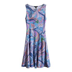 Lauren Ralph Lauren Paisley Fit & Flare Dress Blue Sleeveless Stretch Midi